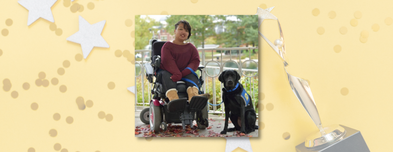 Photo of Kya Miles in her wheelchair with assistance dog on a background of yellow stars and glitter