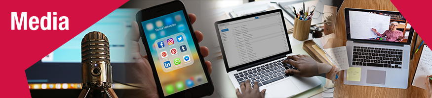 podcast microphone, hand holding cell phone with social media icons, hands typing an email, a laptop showing a webinar all fading into each other. red triangle in corner with white text that says "media"